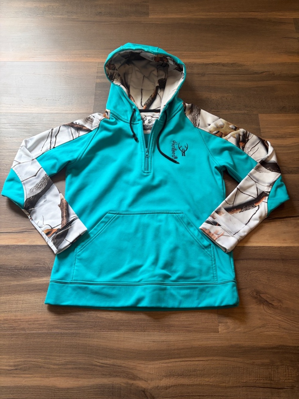 Huntsworth Teal Pullover Hoodie Quarter Zip with White Camo Accents Womens Small